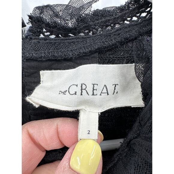 THE GREAT. The Portrait Tulle Flocked Cotton Voile Smocked Blouse Black Medium - Picture 5 of 10